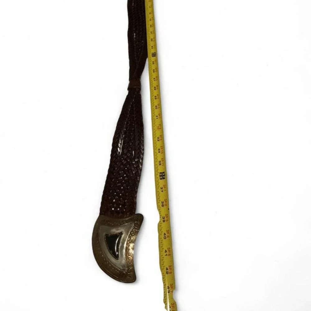VTG Chico's Morocco Brown Bohemian Braided Leather‎ Belt with a metal buckle.